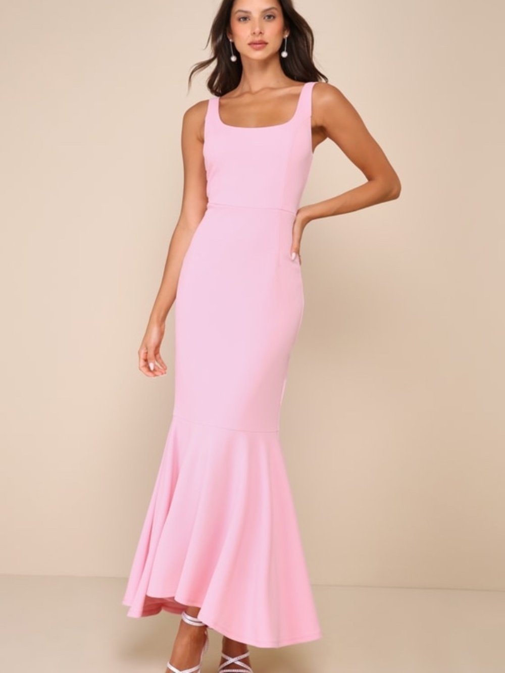 Lulus Romantic Destiny Light Pink Square Neck Trumpet Maxi Dress - Size XS